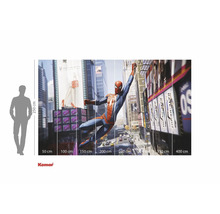 Komar Spiderman fotobehang met maatindicaties en menselijk silhouet