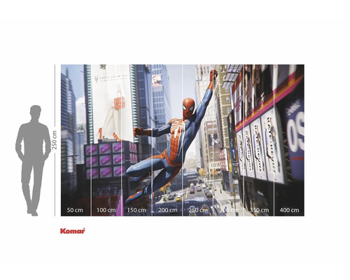 Komar Spiderman fotobehang met maatindicaties en menselijk silhouet