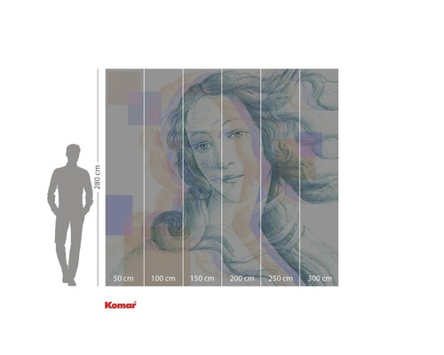 Komar muurschildering Geboorte van Venus, 280 cm hoogte, maataanduidingen