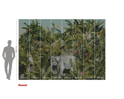 Fotobehang met jungle motief, inclusief olifant, luipaard en diverse vogelsoorten