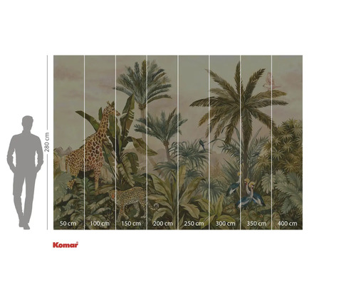 Komar fotobehang met jungle thema, inclusief giraffe, luipaard, palmbomen en tropische vogels