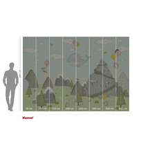 Illustratie van een behang met bergen, dieren en ballonnen, afmetingen 280 bij 400 centimeter