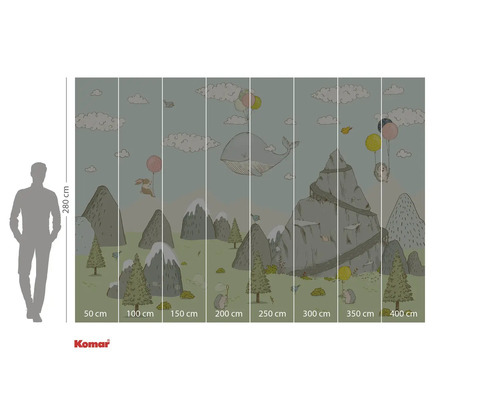 Illustratie van een behang met bergen, dieren en ballonnen, afmetingen 280 bij 400 centimeter