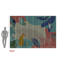 Komar fotobehang met jungle motief, met toekan, kaketoe en luipaarden, afmetingen 280 bij 400 cm