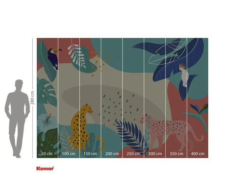 Komar fotobehang met jungle motief, met toekan, kaketoe en luipaarden, afmetingen 280 bij 400 cm