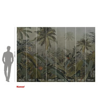 Behang met jungle motief en maataanduidingen.