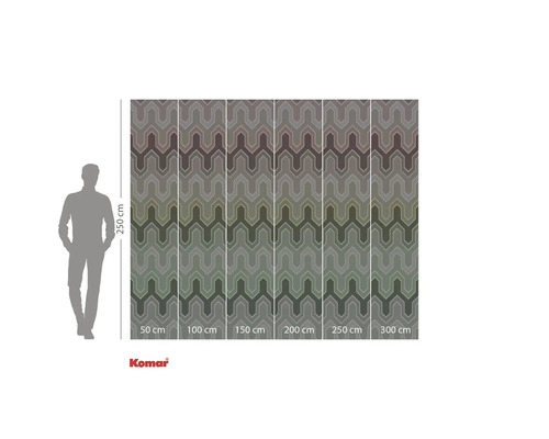 Fotobehang met geometrisch zigzagpatroon en maatgegevens.