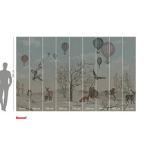 Fotobehang met bosdieren en luchtballonnen in een winterlandschap