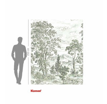 Fotobehang boslandschap met maatindicatie en Komar logo