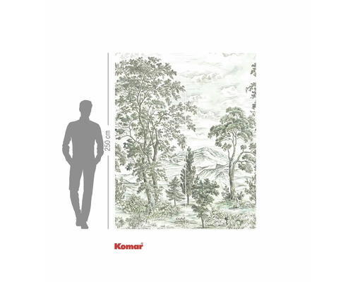 Fotobehang boslandschap met maatindicatie en Komar logo