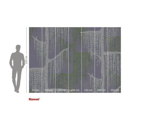 Behang met boom- en bladerenmotief en maataanduidingen
