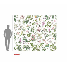 Fotobehang met plantenmotieven, bloemen, bladeren en vogels in een natuurlijke weergave voor wanddecoratie