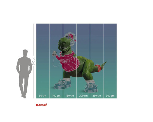 Fotobehang met een groene dinosaurus met een koptelefoon, hoodie en sportschoenen voor een gekleurde achtergrond