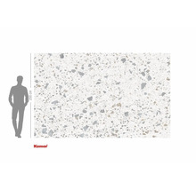 Groot formaat behang met terrazzo-motief en maataanduiding.
