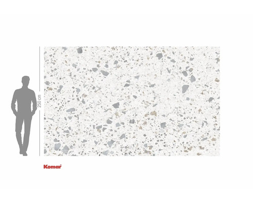 Groot formaat behang met terrazzo-motief en maataanduiding.