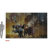 Wandafbeelding met figuren uit de film Raya en de Laatste Draak met maataanduidingen