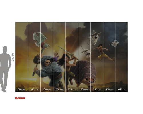 Wandafbeelding met figuren uit de film Raya en de Laatste Draak met maataanduidingen