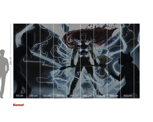 Thor muurschildering met Groot en Rocket in stripboekstijl