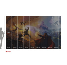 Avengers-wandafbeelding met verschillende stripfiguren en maataanduidingen.