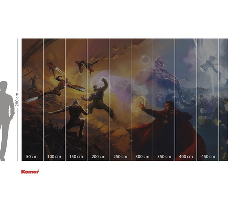 Avengers-wandafbeelding met verschillende stripfiguren en maataanduidingen.