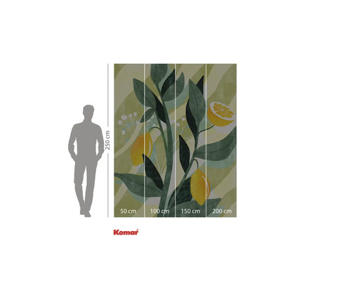 Komar Logo. Muurschildering met citroenmotief, bestaande uit vier delen met de afmetingen 50 cm, 100 cm, 150 cm en 200 cm, hoogte 250 cm.