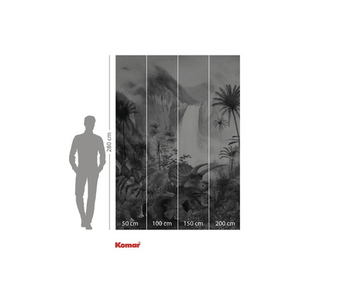 Komar fotobehang met dinosaurussen, waterval en palmbomen