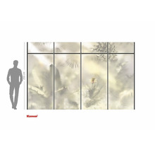 Fotobehang met bloemmotief en maataanduidingen.