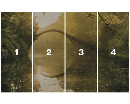 Vierdelig fotobehang met landschapsmotief van een meer en een brug
