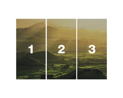 Driedelig landschapsbeeld met bergen en velden