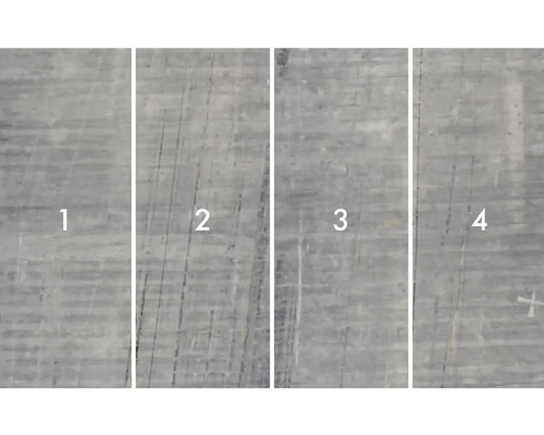 Close-up van vier betonnen platen met verschillende oppervlaktestructuren