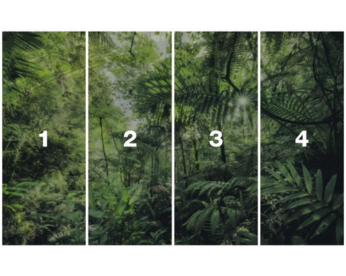 Vierdelig jungle fotobehangpatroon met tropische vegetatie