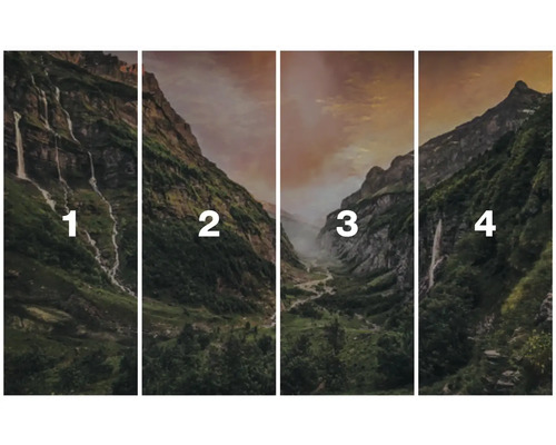 Vierdelige muurschildering met berglandschap