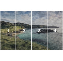 Decoratieve muurafbeelding met een kustlandschap in vier verschillende aanzichten