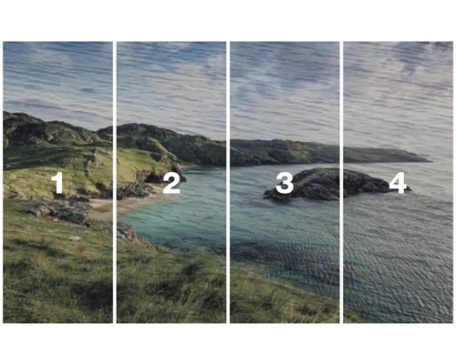 Decoratieve muurafbeelding met een kustlandschap in vier verschillende aanzichten