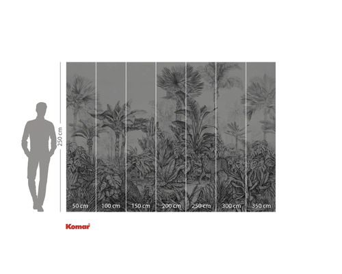 Komar fotobehang met jungle thema, bestaande uit palmen, bladeren en luipaarden, met de afmetingen 250 bij 350 centimeter