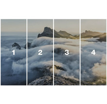 Vierdelige landschapsfoto met bergen en wolken