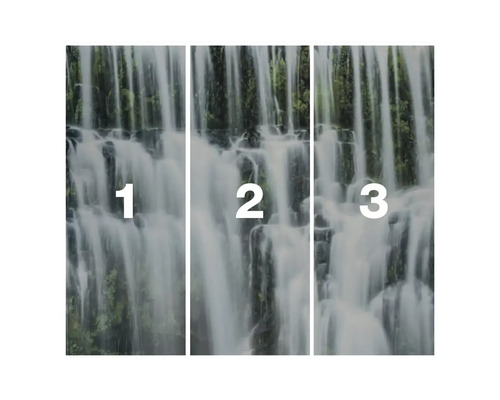 Behangmotief met waterval, bestaande uit drie delen met de nummers 1, 2 en 3