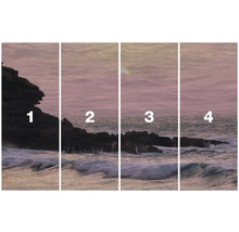 Vierdelige landschapsfoto van een kust met rotsen en de zee