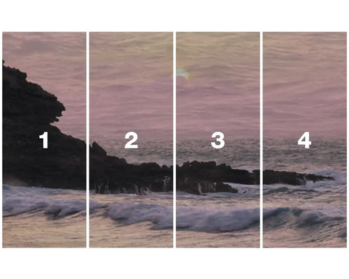 Vierdelige landschapsfoto van een kust met rotsen en de zee