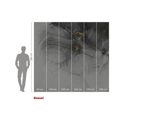 Komar fotobehang met abstract grijs en goudkleurig patroon, maatindicatie.