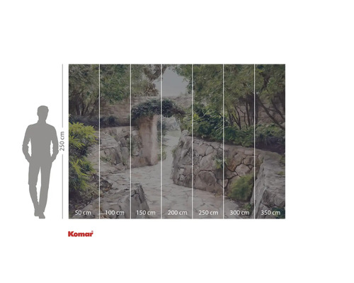 Fotobehang met tuinpad en stenen muur