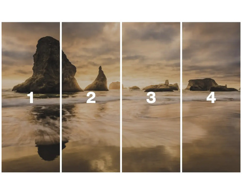 Vierdelige muurschildering met rotsen in de zee