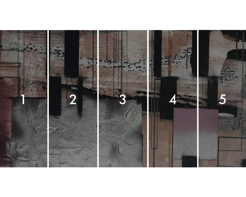 Meerdelige abstracte muurschildering met geometrische vormen en structuren