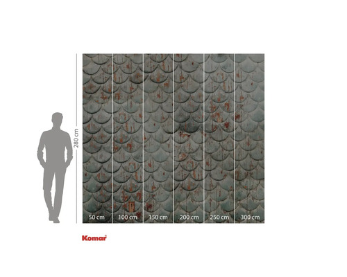 Fotobehang met schubbenpatroon en maataanduidingen.