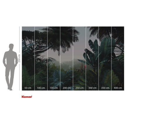 Komar fotobehang met tropisch bosmotief en maataanduidingen.