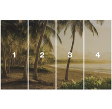 Vierdelige landschapsafbeelding met palmbomen op het strand