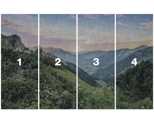 Vierdelig landschapspanorama met bergen en vegetatie