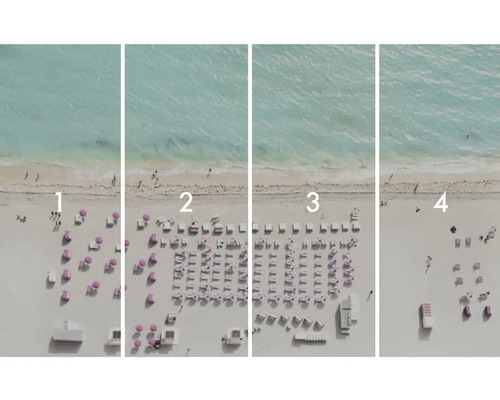 Vier strandgezichten met afnemende dichtheid aan parasols en ligstoelen.