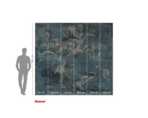 Fotobehang met vismotief en maataanduidingen.