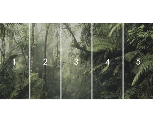 Vliesbehang met jungle motief, bestaande uit vijf banen